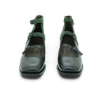 Vavoulas Black Leather & Forest Green Suede Triple-Strap Square-Toe Block Heel Ankle Bootie | 2026VAV25