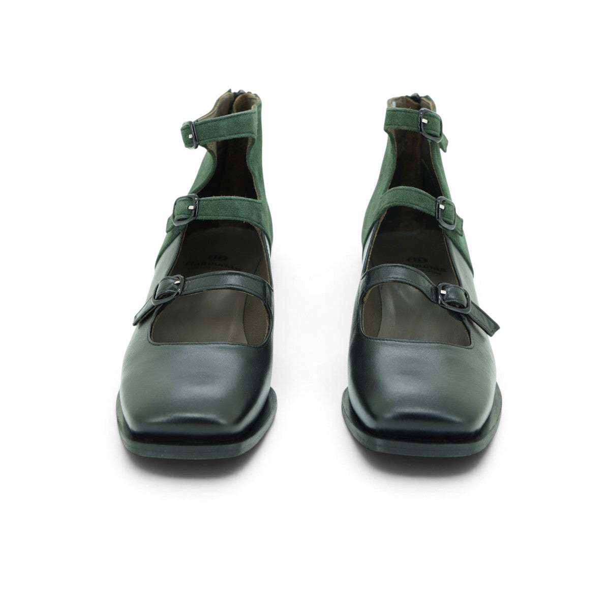 Vavoulas Black Leather & Forest Green Suede Triple-Strap Square-Toe Block Heel Ankle Bootie | 2026VAV25