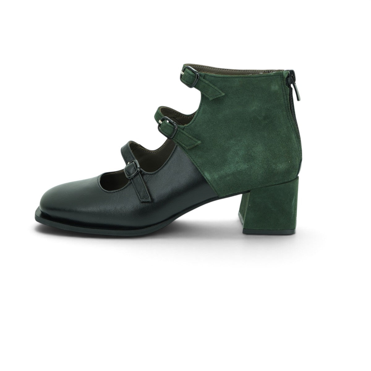 Vavoulas Black Leather & Forest Green Suede Triple-Strap Square-Toe Block Heel Ankle Bootie | 2026VAV25