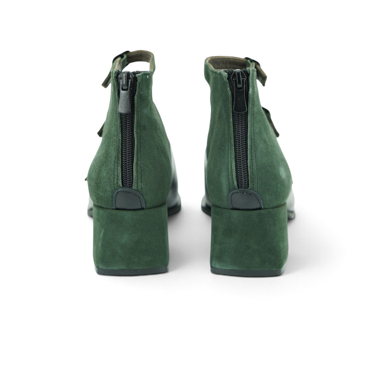 Vavoulas Black Leather & Forest Green Suede Triple-Strap Square-Toe Block Heel Ankle Bootie | 2026VAV25