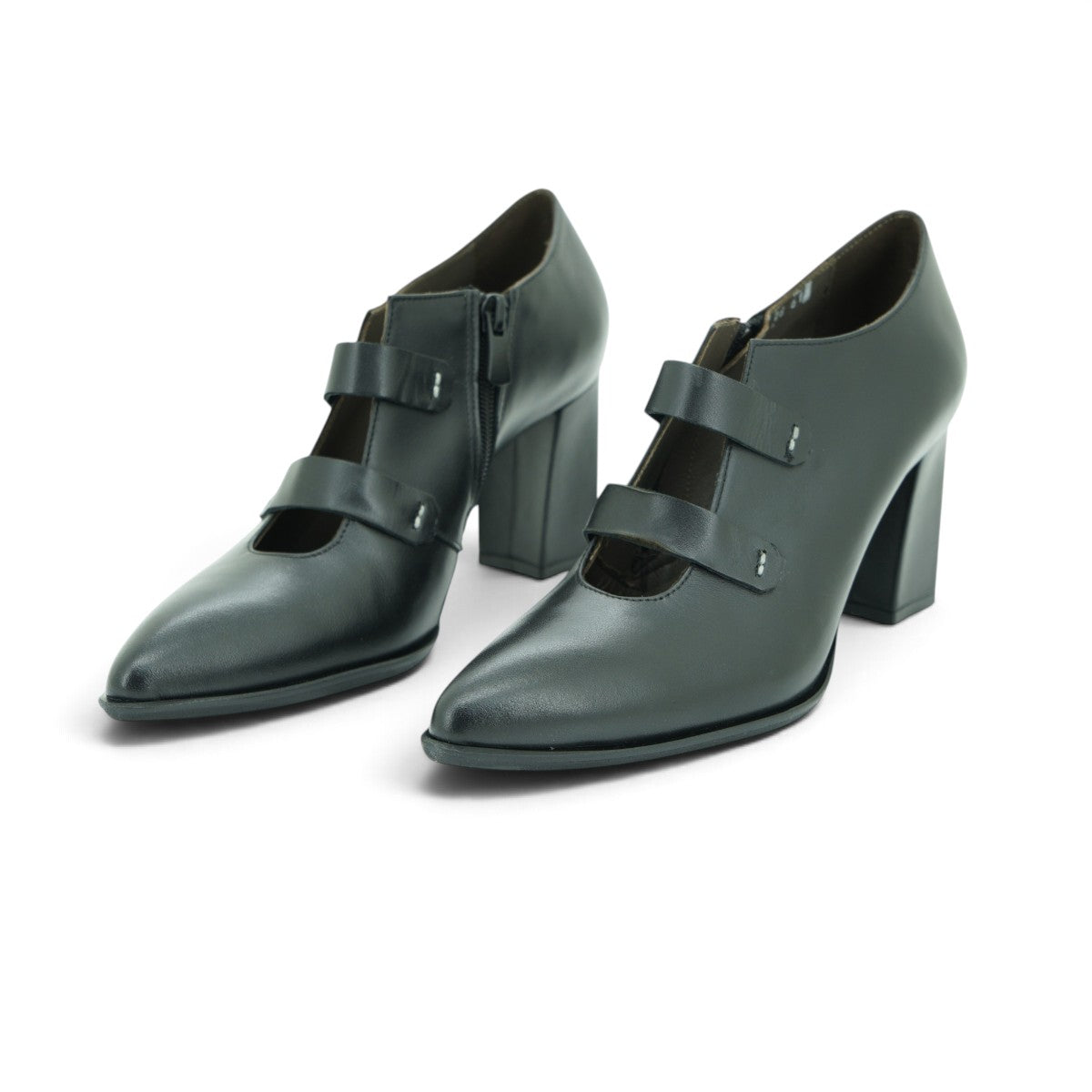 Vavoulas Black Leather Double-Strap Cut-Out Pointed-Toe Block Heel Ankle Bootie | 2026VAV30