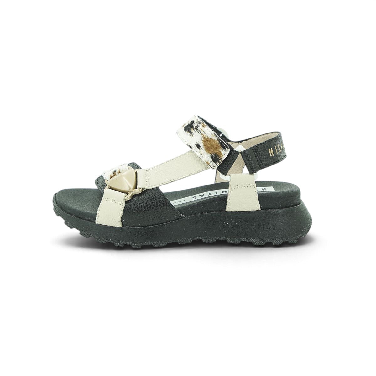 Hispanitas Cream & Black Haircalf Cow-Print Sport Sandal | CHV264807