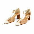 Hispanitas Nude Leather Cut-Out T-Bar Ankle Strap Block Heel Court Shoe | BHV264687