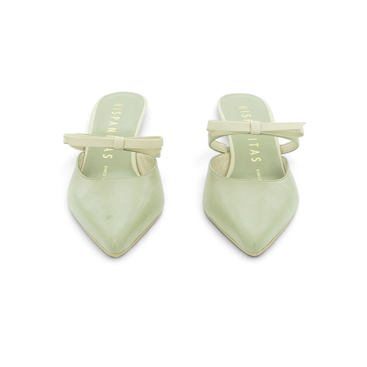 Hispanitas Sage Green Leather Cross-Strap Pointed-Toe Kitten Heel Mule | BHV264688
