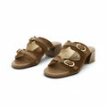 Hispanitas Khaki Suede & Leather Double-Strap Mule with Wood-Effect Block Heel | HV264833