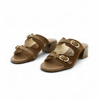 Hispanitas Khaki Suede & Leather Double-Strap Mule with Wood-Effect Block Heel | HV264833