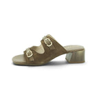 Hispanitas Khaki Suede & Leather Double-Strap Mule with Wood-Effect Block Heel | HV264833