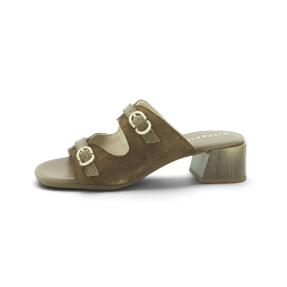 Hispanitas Khaki Suede & Leather Double-Strap Mule with Wood-Effect Block Heel | HV264833