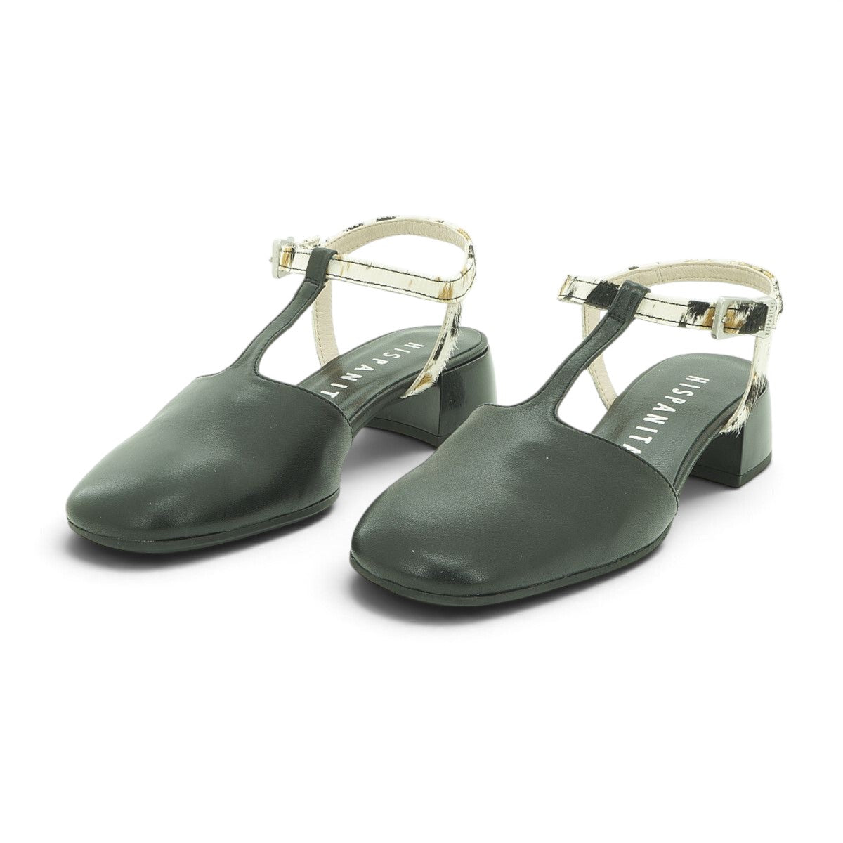 Hispanitas Black Leather T-Bar Slingback with Cow Print Strap | BHV264769