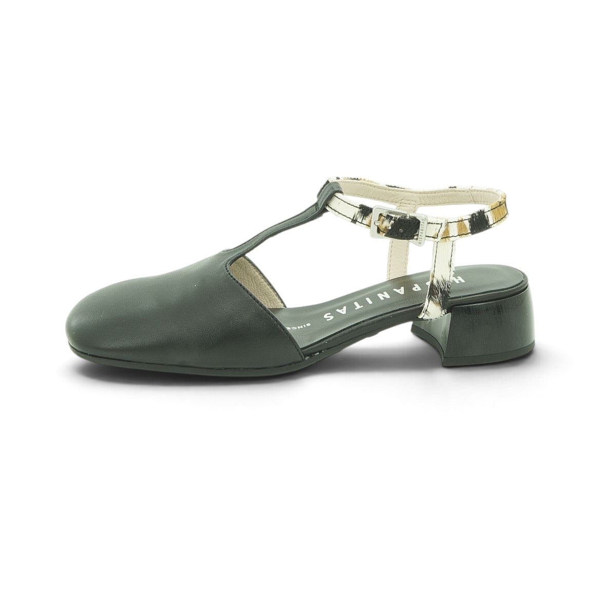 Hispanitas Black Leather T-Bar Slingback with Cow Print Strap | BHV264769