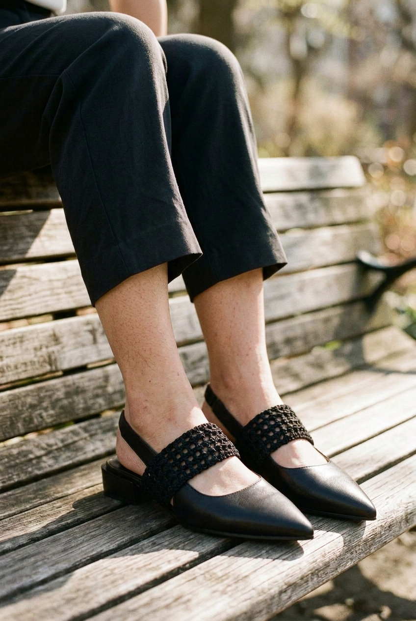 Hispanitas Black Leather Pointed-Toe Slingback with Macramé Band | HV264778