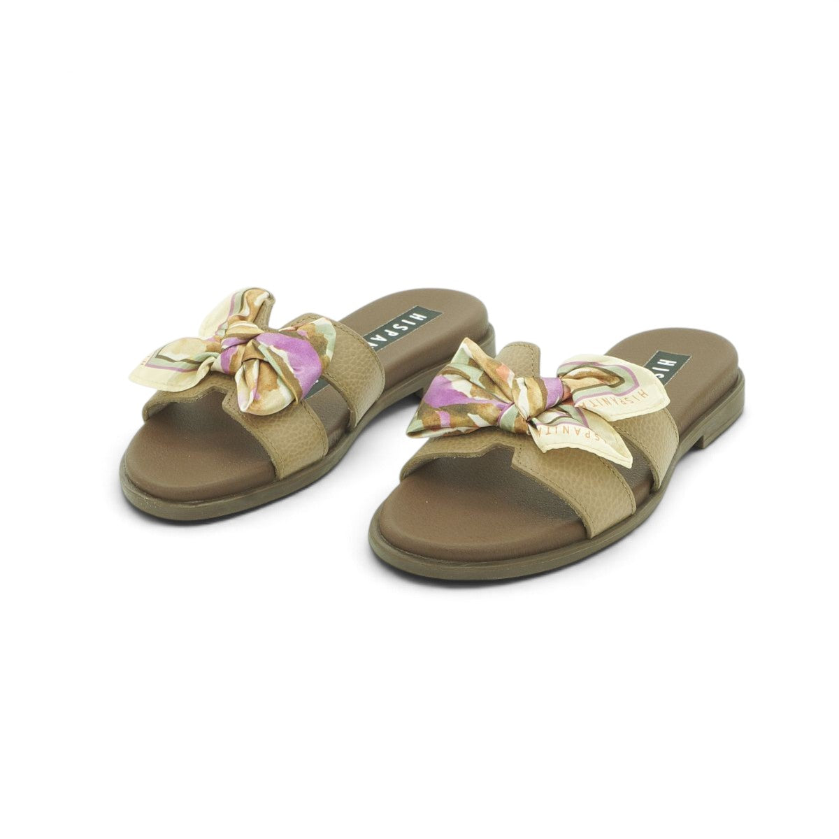 Hispanitas Taupe Leather Flat Mule with Silk Scarf Bow | HV264795