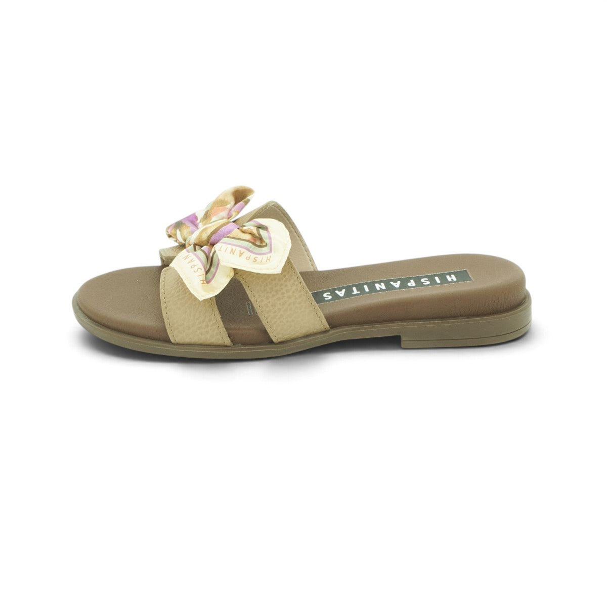 Hispanitas Taupe Leather Flat Mule with Silk Scarf Bow | HV264795