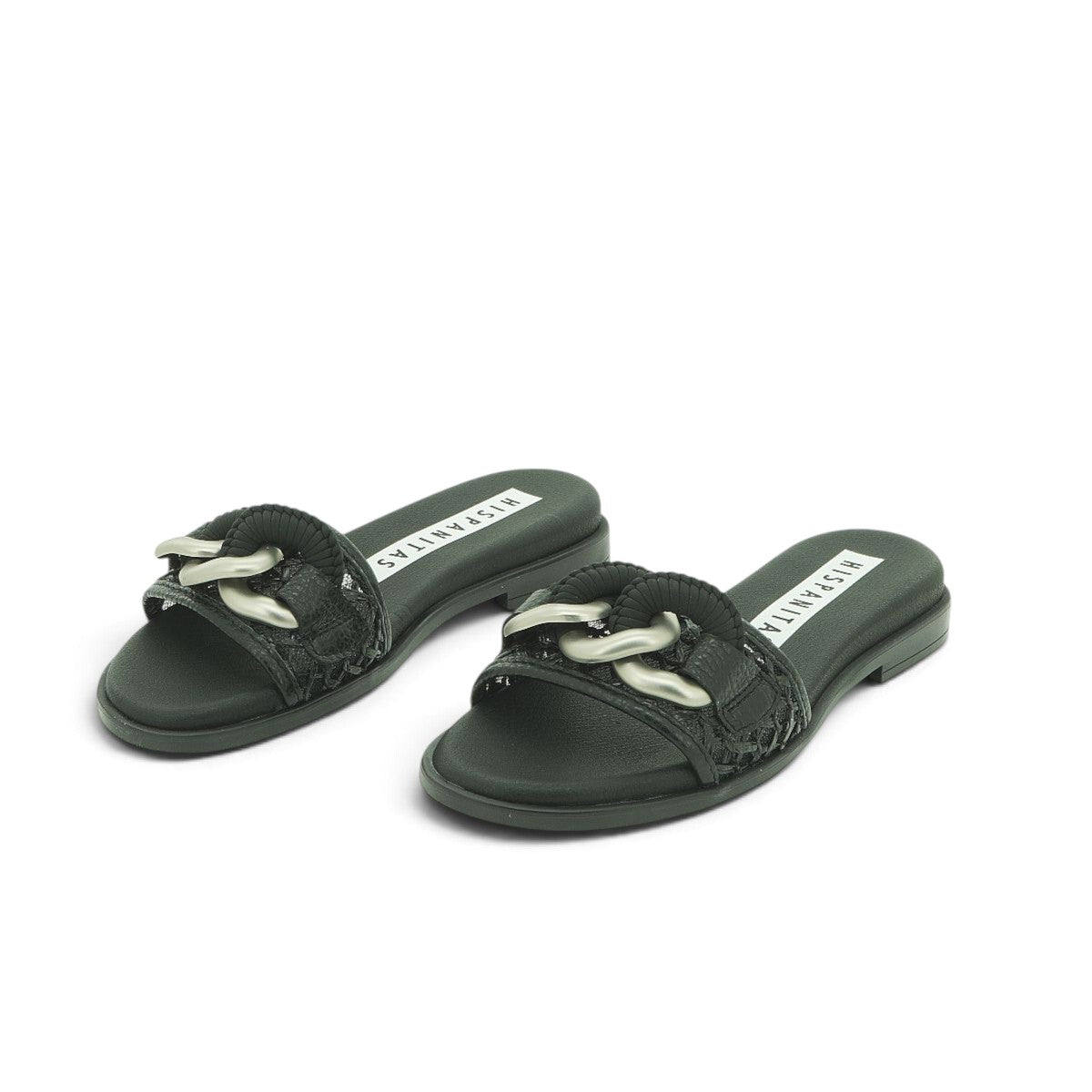 Hispanitas Black Woven Leather Flat Mule with Chain Detail | RHV264851