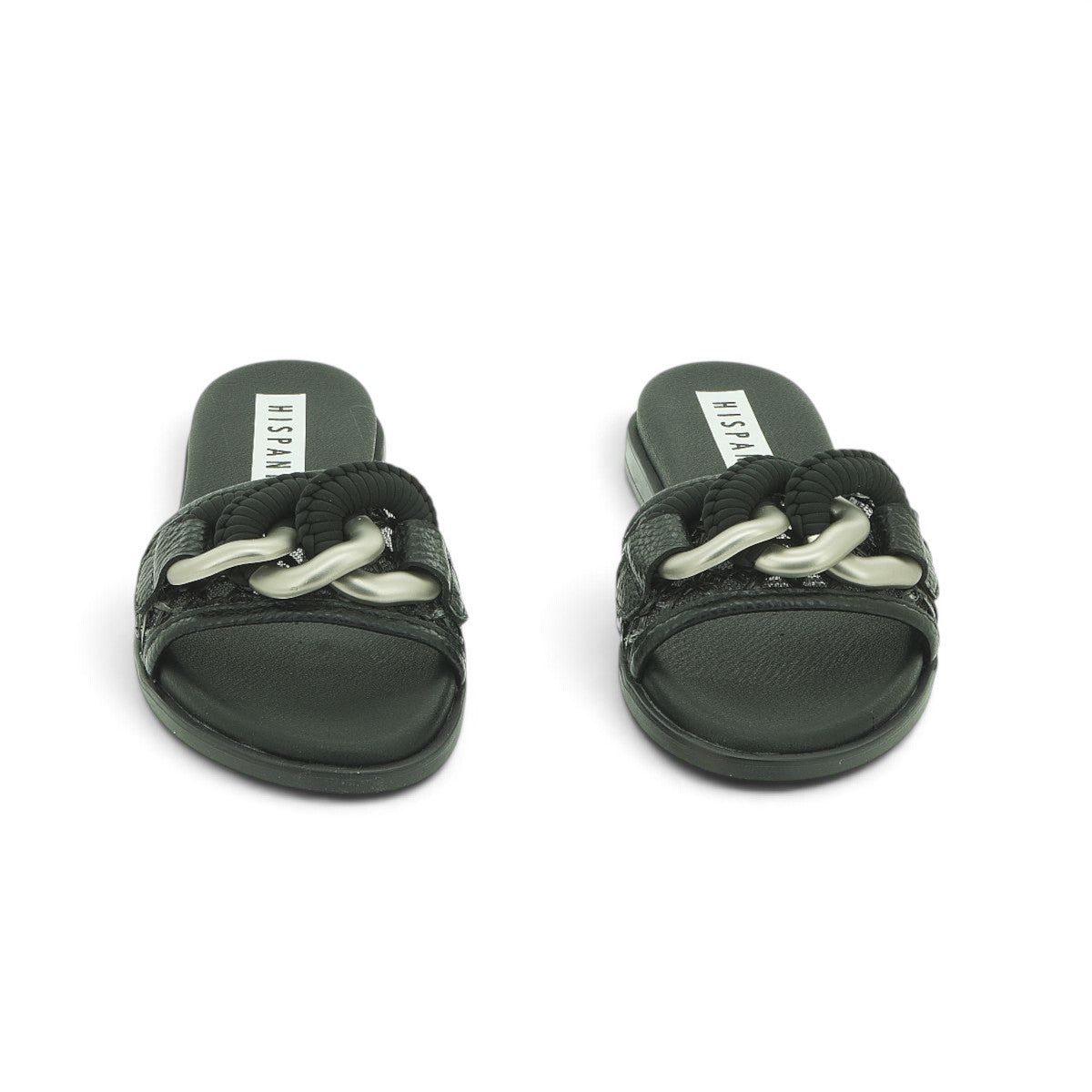 Hispanitas Black Woven Leather Flat Mule with Chain Detail | RHV264851