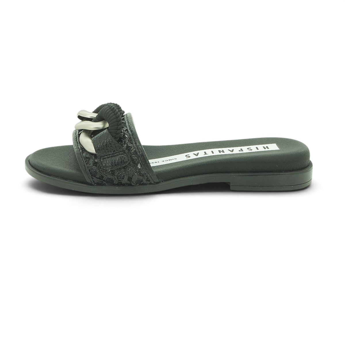Hispanitas Black Woven Leather Flat Mule with Chain Detail | RHV264851