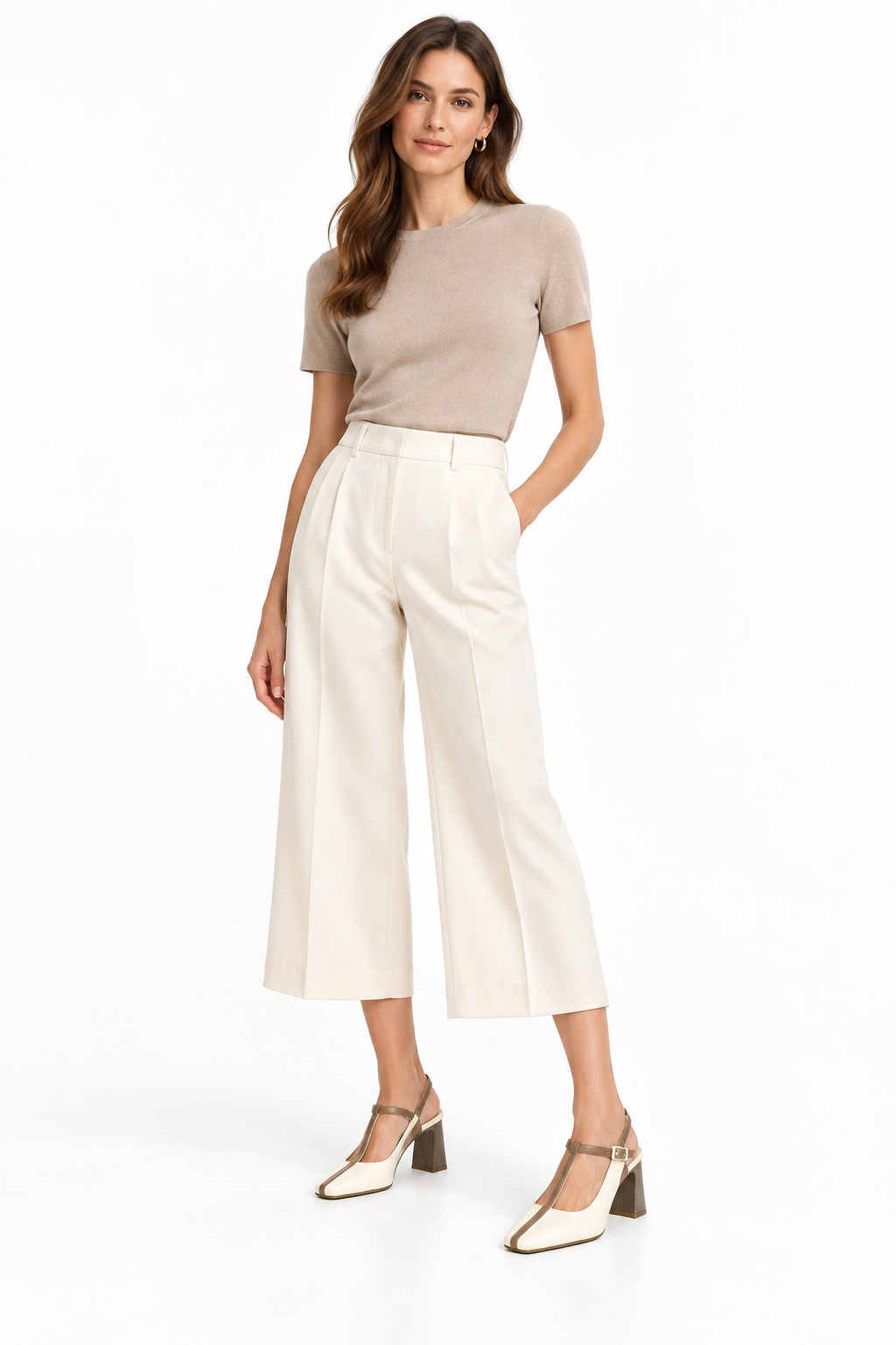 Hispanitas Cream & Taupe T-Bar Slingback Block Heel | BHV264675