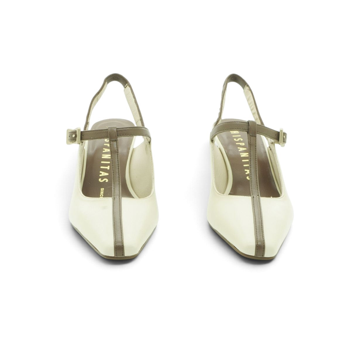 Hispanitas Cream & Taupe T-Bar Slingback Block Heel | BHV264675