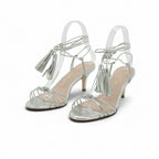 Luisa Barcelos Silver Metallic Tassel Lace-Up Kitten Heel Sandal | 13240008