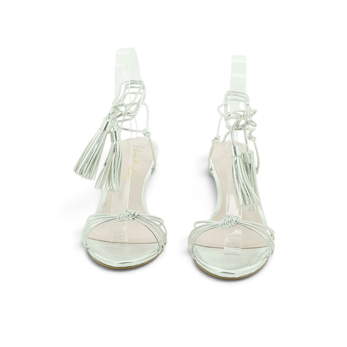 Luisa Barcelos Silver Metallic Tassel Lace-Up Kitten Heel Sandal | 13240008