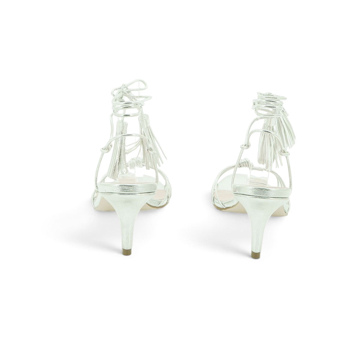 Luisa Barcelos Silver Metallic Tassel Lace-Up Kitten Heel Sandal | 13240008