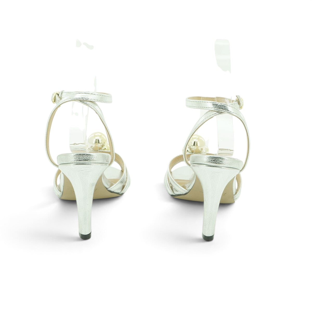 Luisa Barcelos Silver Metallic Leather Gold Orb Embellished Block Heel Sandal | 14130017