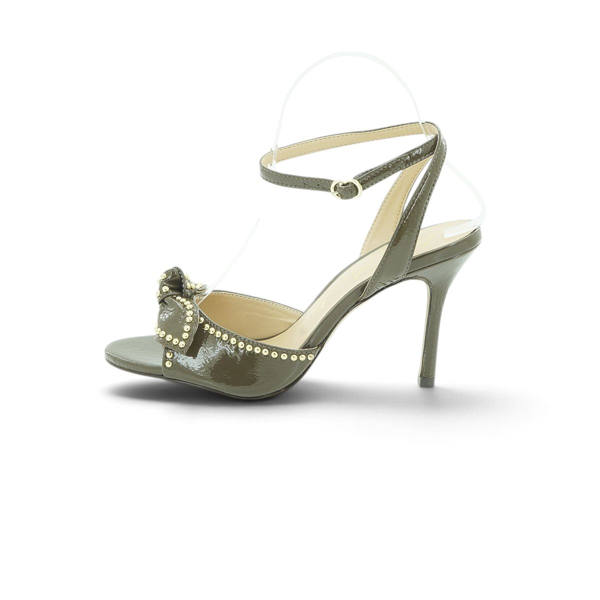 Luisa Barcelos Khaki Patent Leather Studded Bow Stiletto Heel Sandal | 11530067