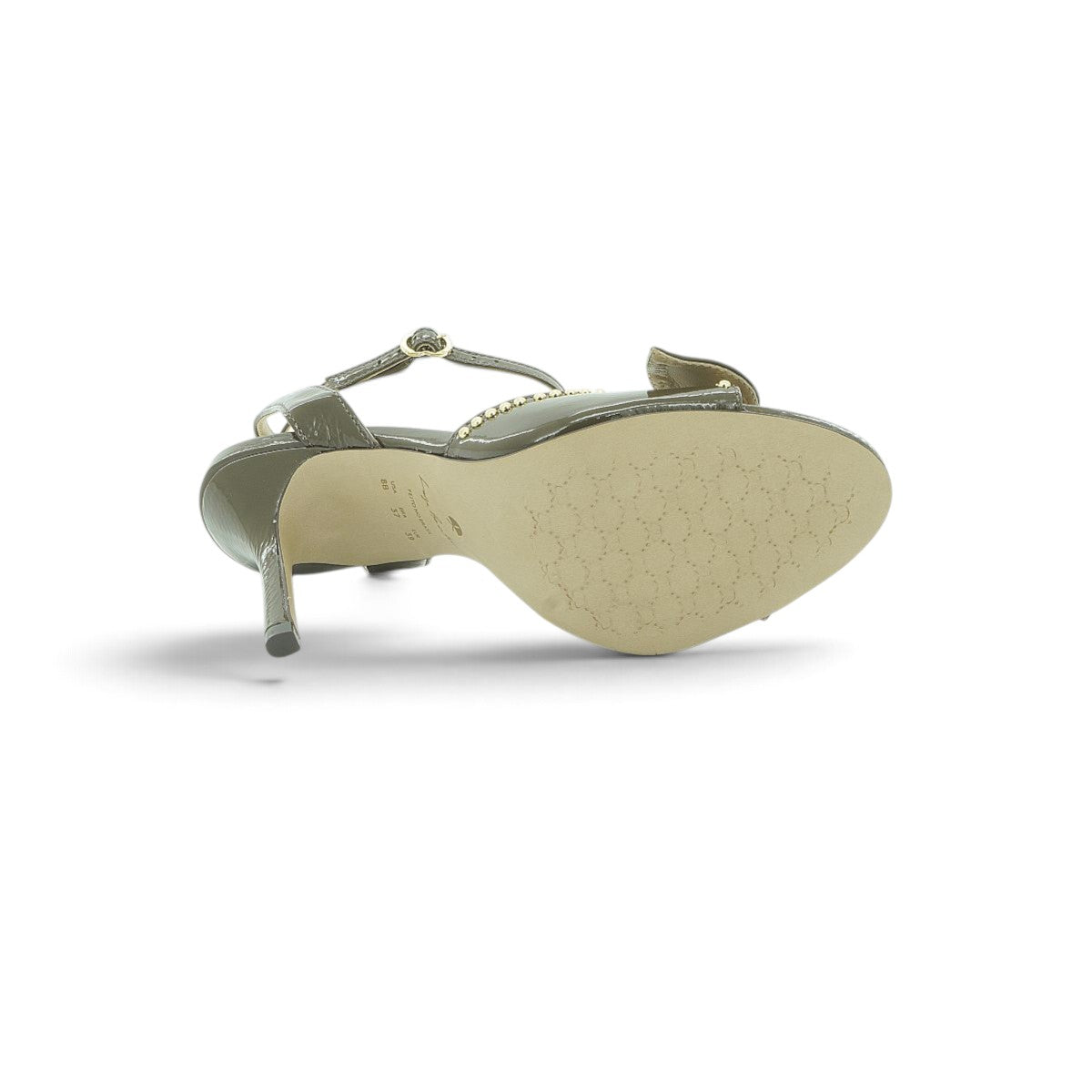 Luisa Barcelos Khaki Patent Leather Studded Bow Stiletto Heel Sandal | 11530067