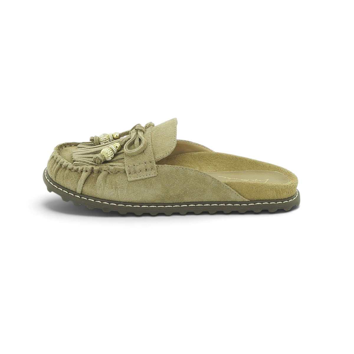 Luisa Barcelos Khaki Suede Fringe Tassel Moccasin Flat Mule | 12730024