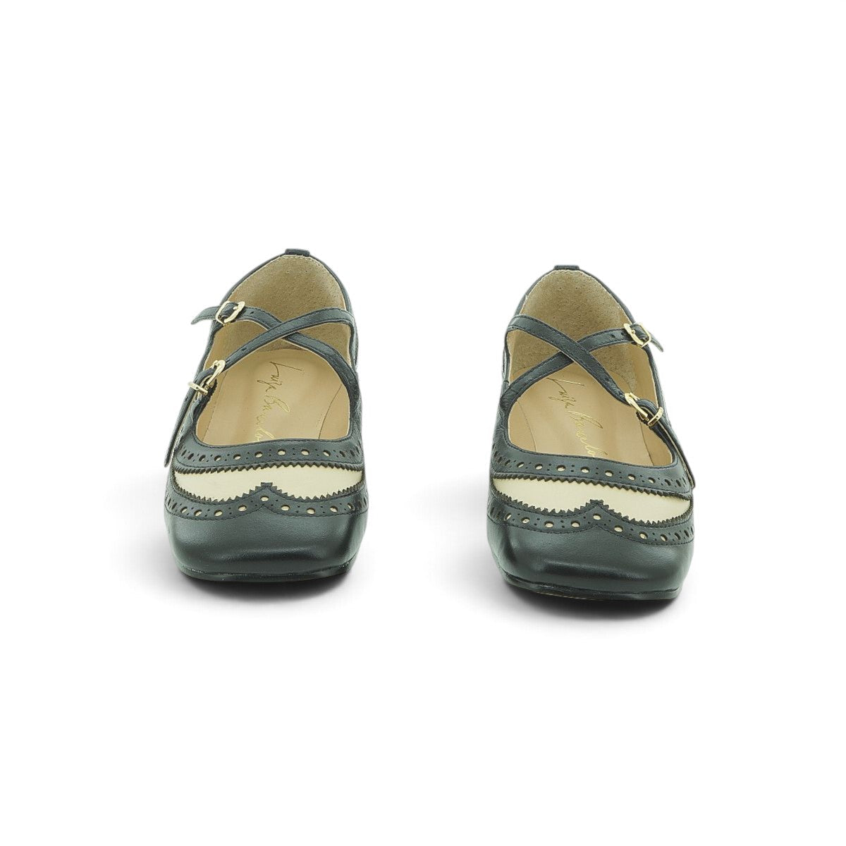 Luisa Barcelos Black & Cream Brogue Leather Cross-Strap Mary Jane Flat | 13060080