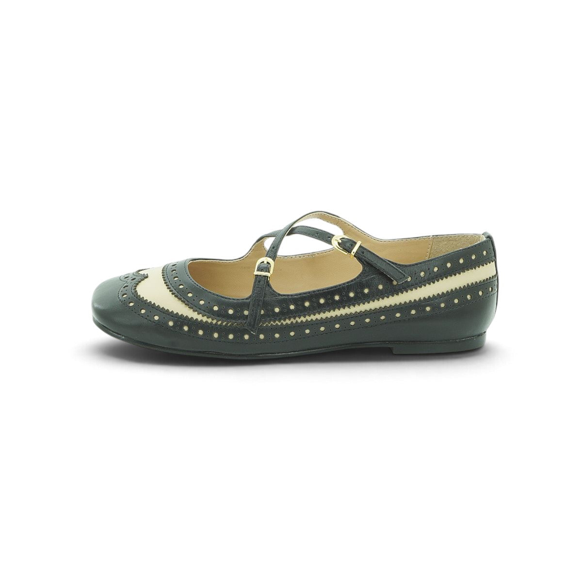 Luisa Barcelos Black & Cream Brogue Leather Cross-Strap Mary Jane Flat | 13060080