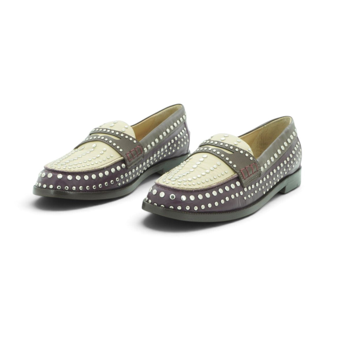Luisa Barcelos Burgundy & Cream Studded Leather Penny Loafer | 13170046