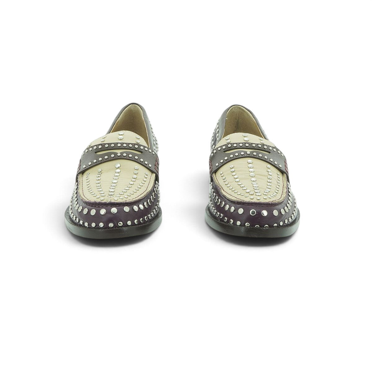 Luisa Barcelos Burgundy & Cream Studded Leather Penny Loafer | 13170046