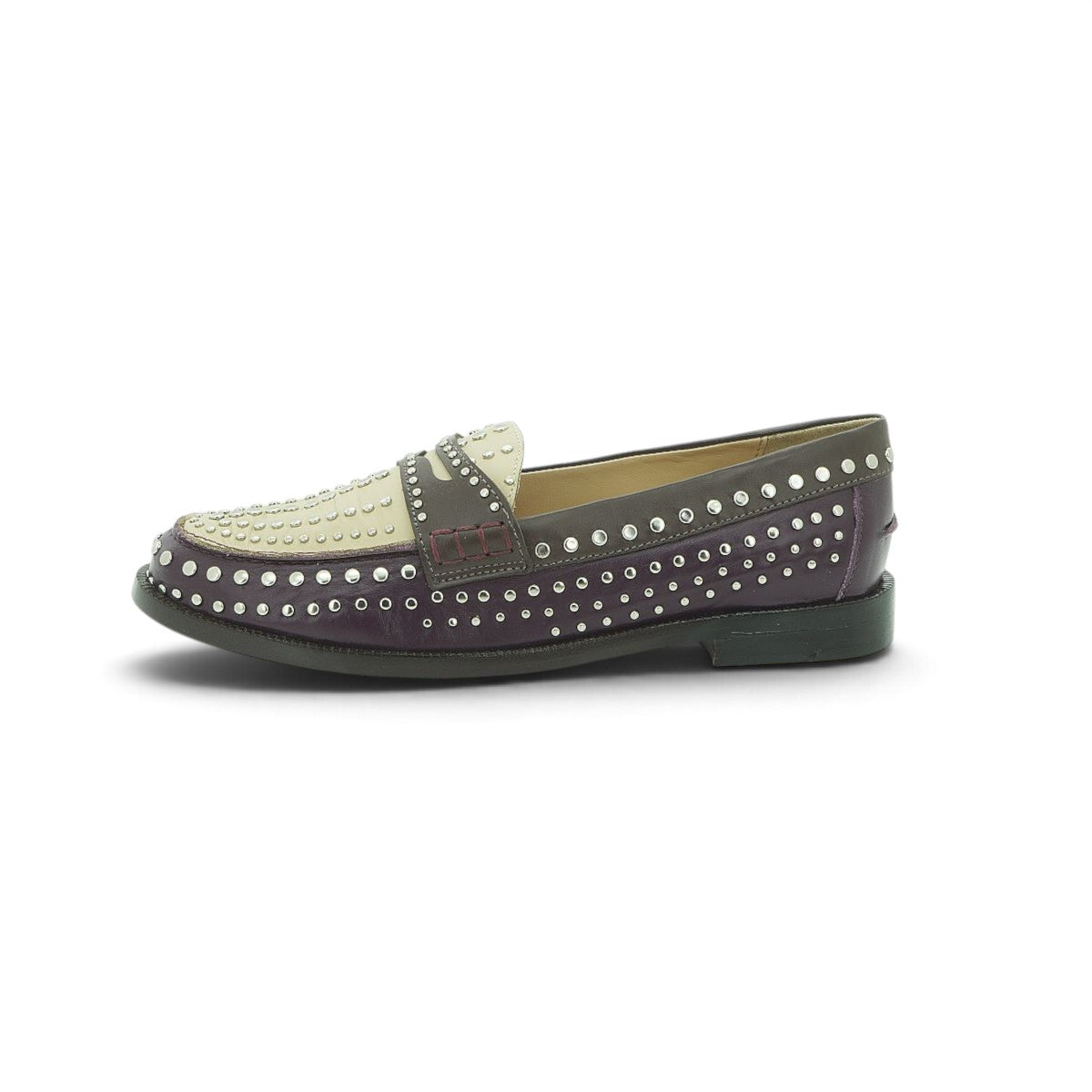 Luisa Barcelos Burgundy & Cream Studded Leather Penny Loafer | 13170046