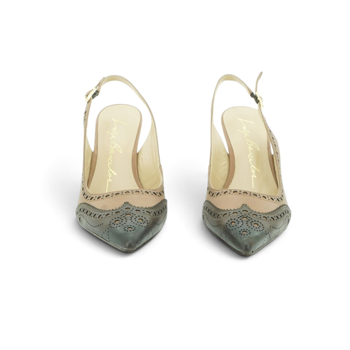 Luisa Barcelos Nude & Black Brogue Leather Slingback Wedge Pump | 13420034