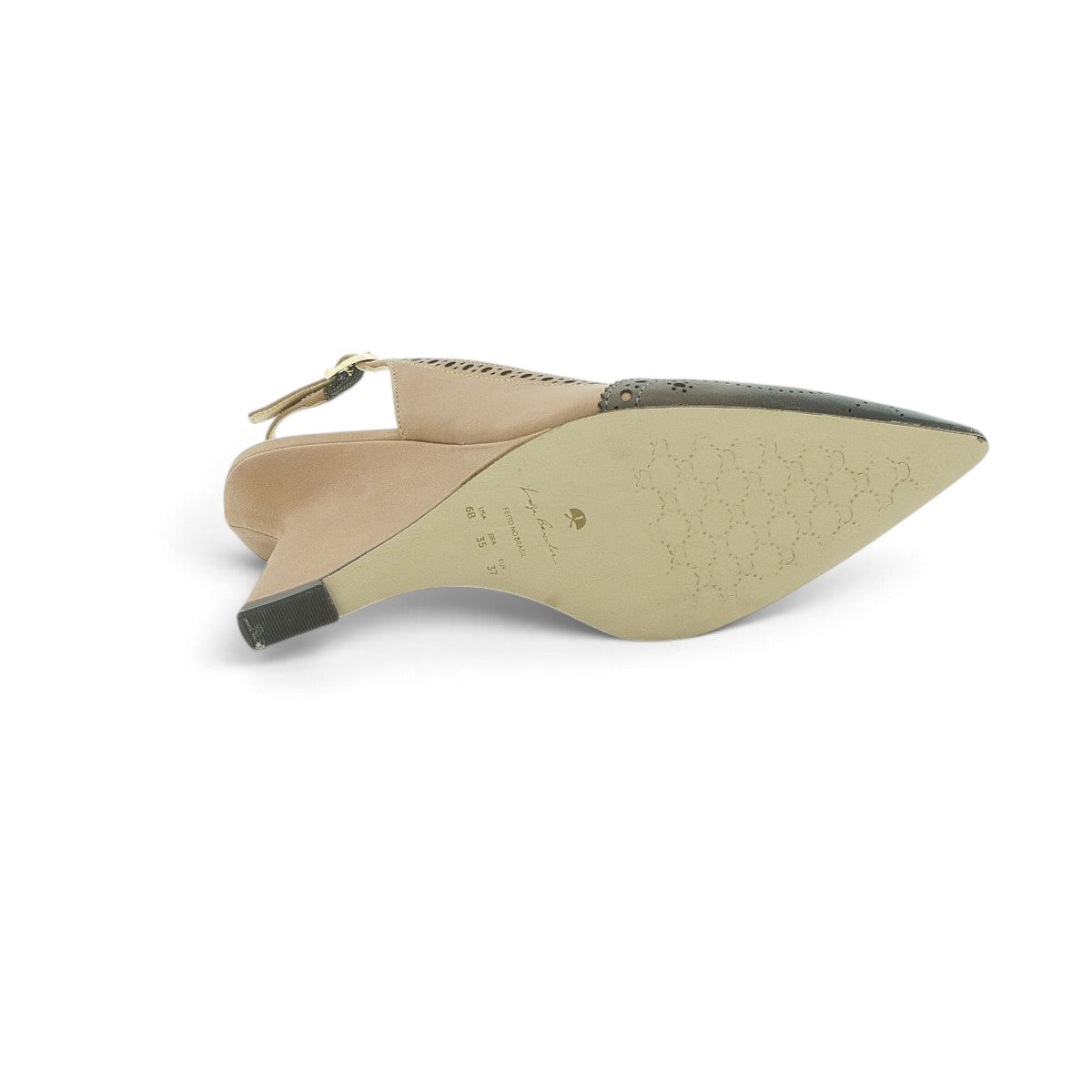 Luisa Barcelos Nude & Black Brogue Leather Slingback Wedge Pump | 13420034