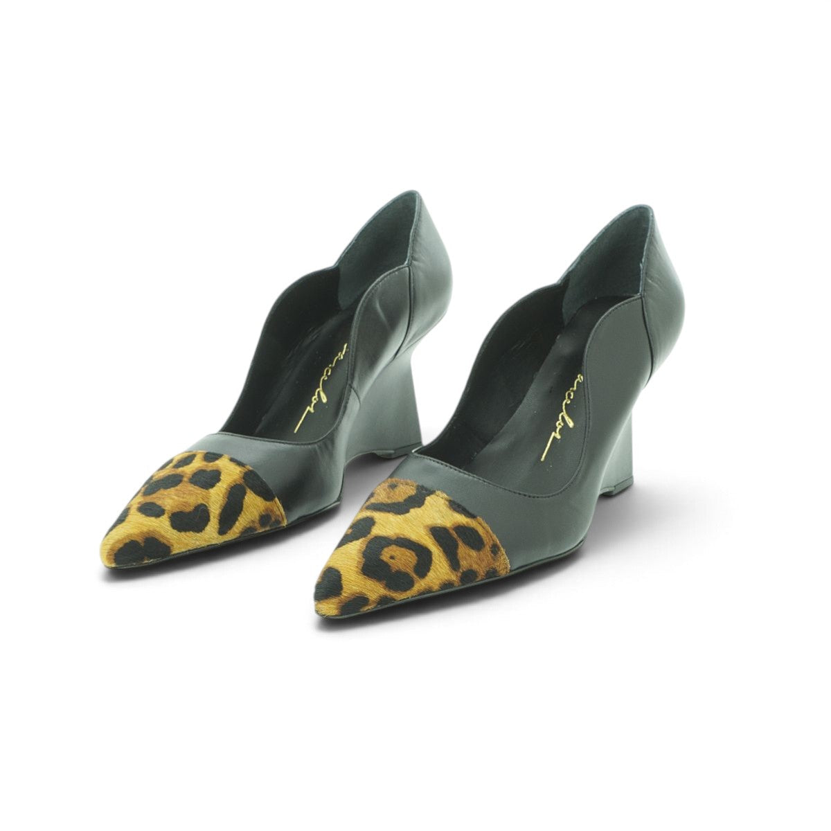 Luisa Barcelos Black Leather Leopard Pony Hair Cap Toe Wedge Pump | 13420035