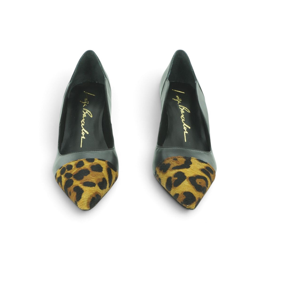 Luisa Barcelos Black Leather Leopard Pony Hair Cap Toe Wedge Pump | 13420035