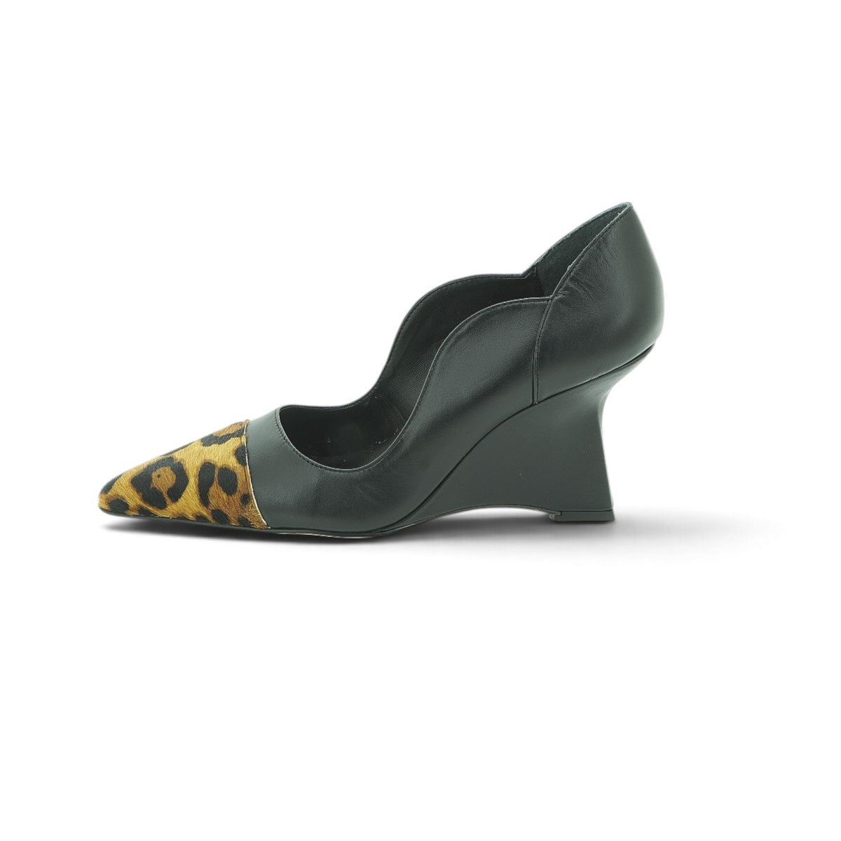 Luisa Barcelos Black Leather Leopard Pony Hair Cap Toe Wedge Pump | 13420035