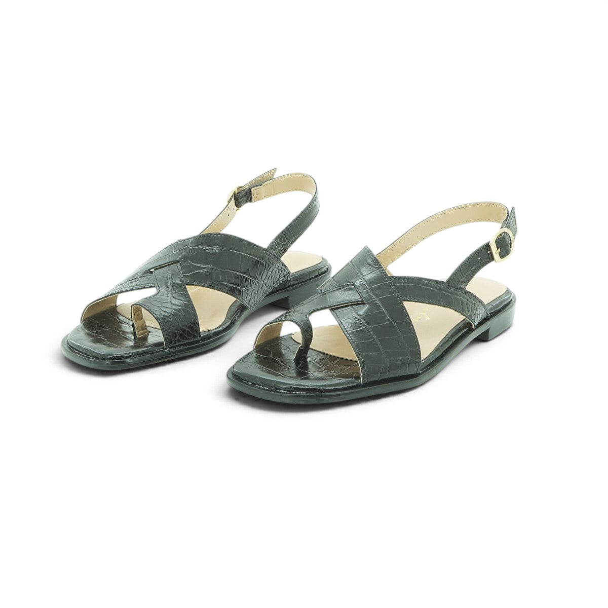 Luisa Barcelos Olive Croc-Embossed Leather Flat Slingback Sandal | 13800040
