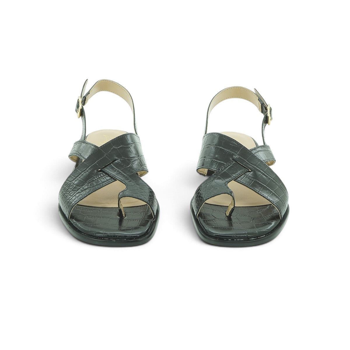 Luisa Barcelos Olive Croc-Embossed Leather Flat Slingback Sandal | 13800040