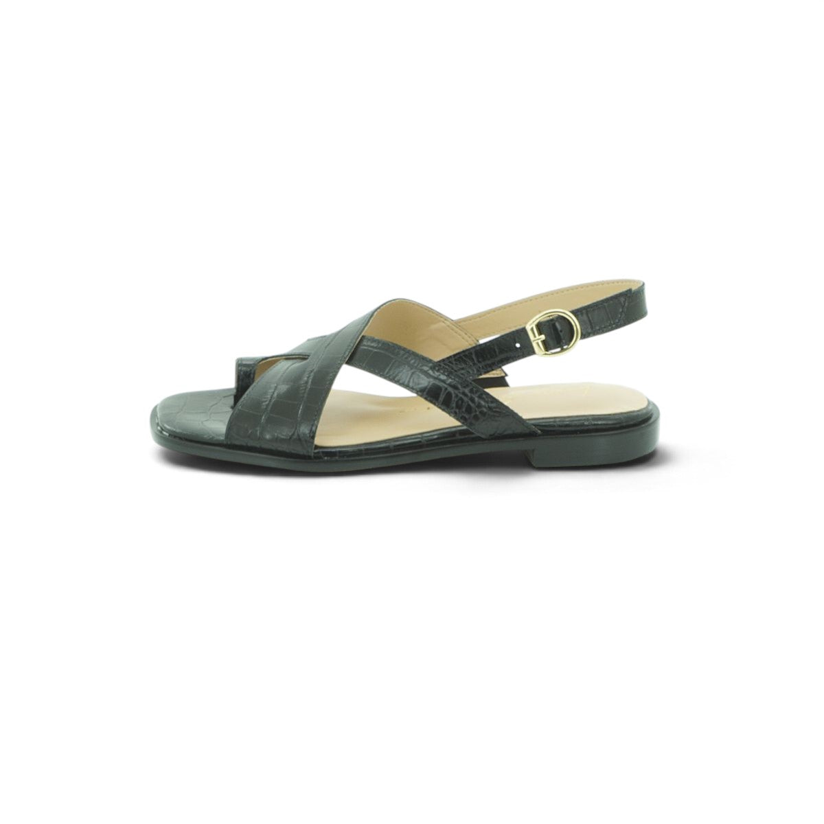 Luisa Barcelos Olive Croc-Embossed Leather Flat Slingback Sandal | 13800040