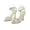 Luisa Barcelos Champagne Metallic Leather Crystal Strap Heeled Sandal | 13970009