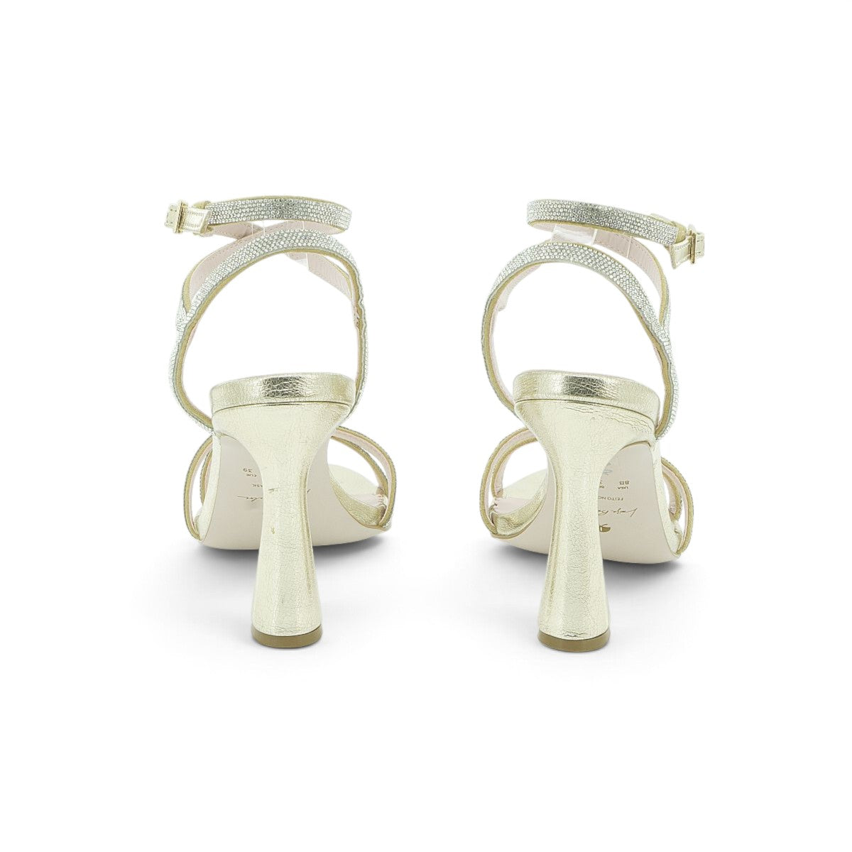 Luisa Barcelos Champagne Metallic Leather Crystal Strap Heeled Sandal | 13970009