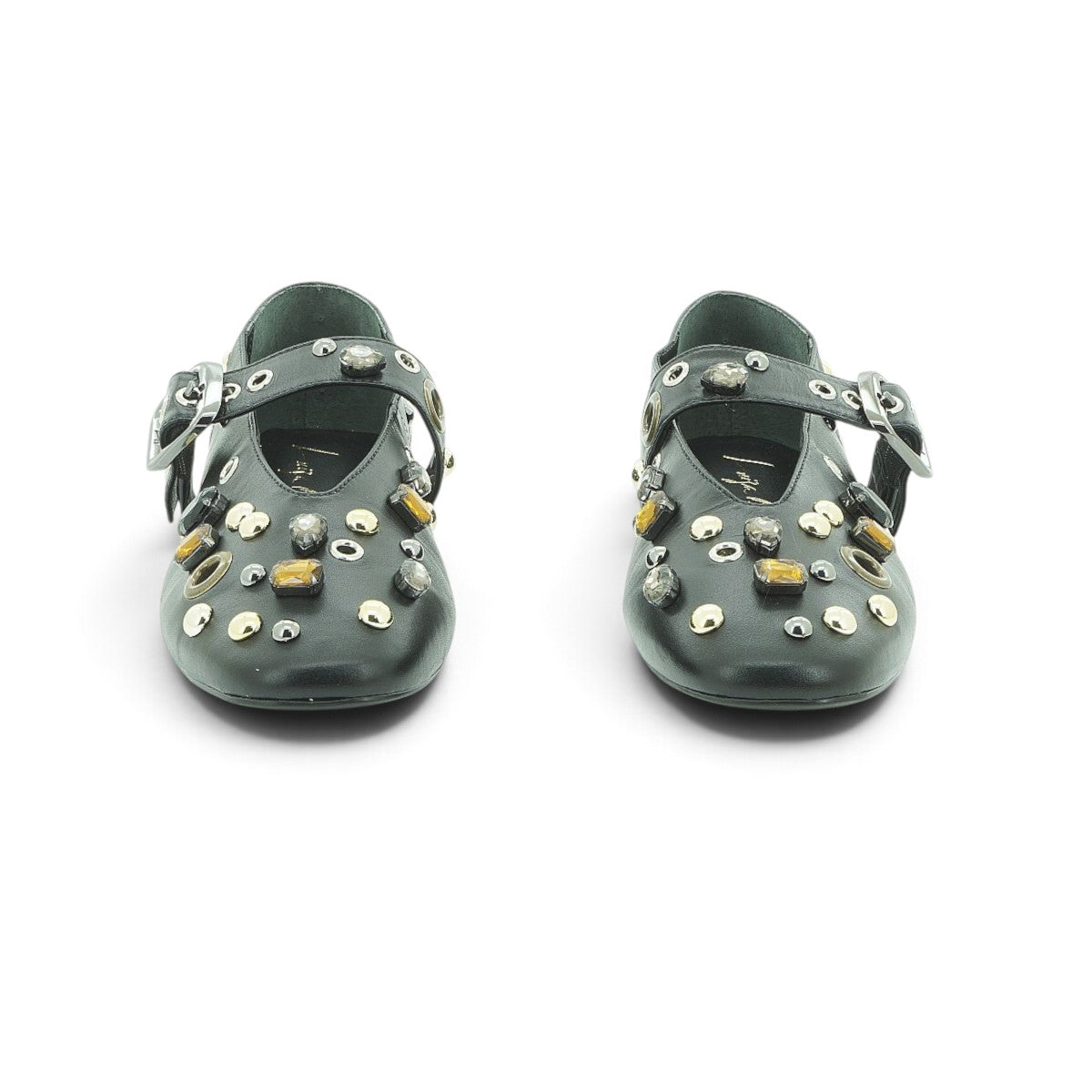 Luisa Barcelos Black Leather Embellished Mary Jane Flat | 14020021