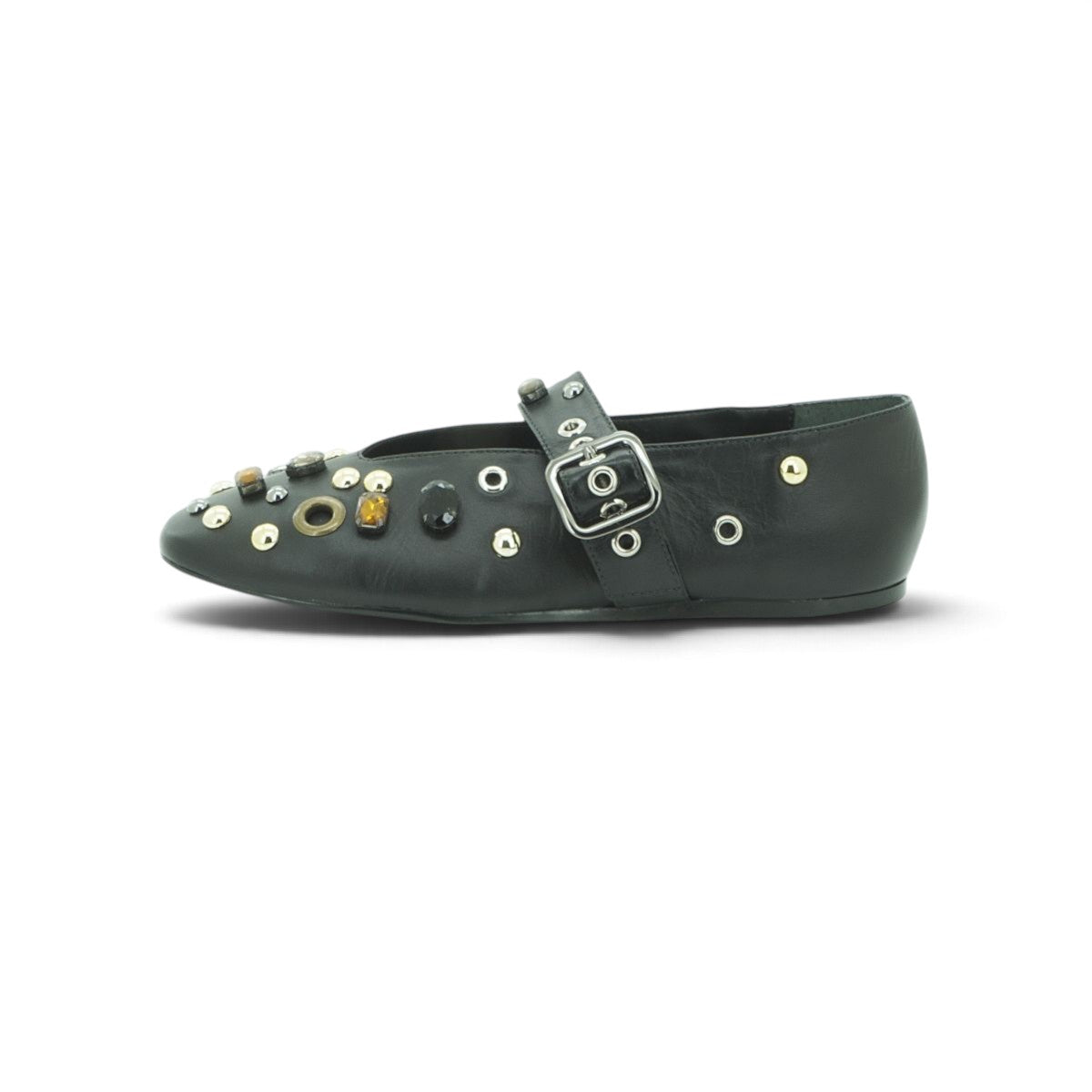 Luisa Barcelos Black Leather Embellished Mary Jane Flat | 14020021