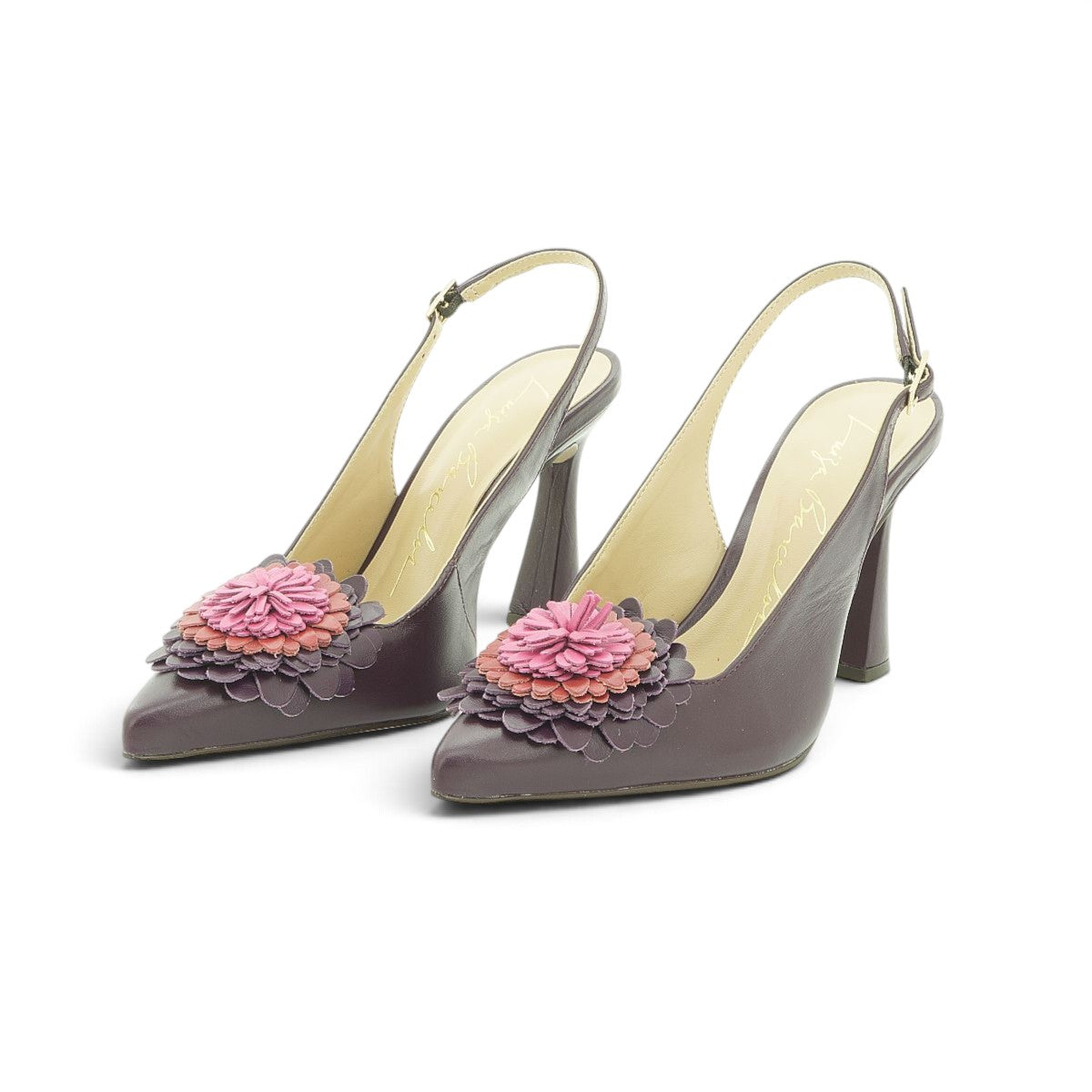 Luisa Barcelos Plum Leather Slingback Pump with 3D Ombré Flower | 14090007