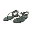 Luisa Barcelos Black Leather Studded T-Bar Flat Sandal | 14270013