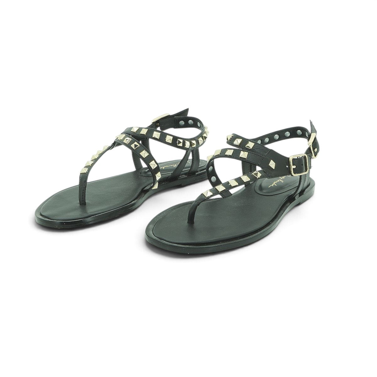 Luisa Barcelos Black Leather Studded T-Bar Flat Sandal | 14270013