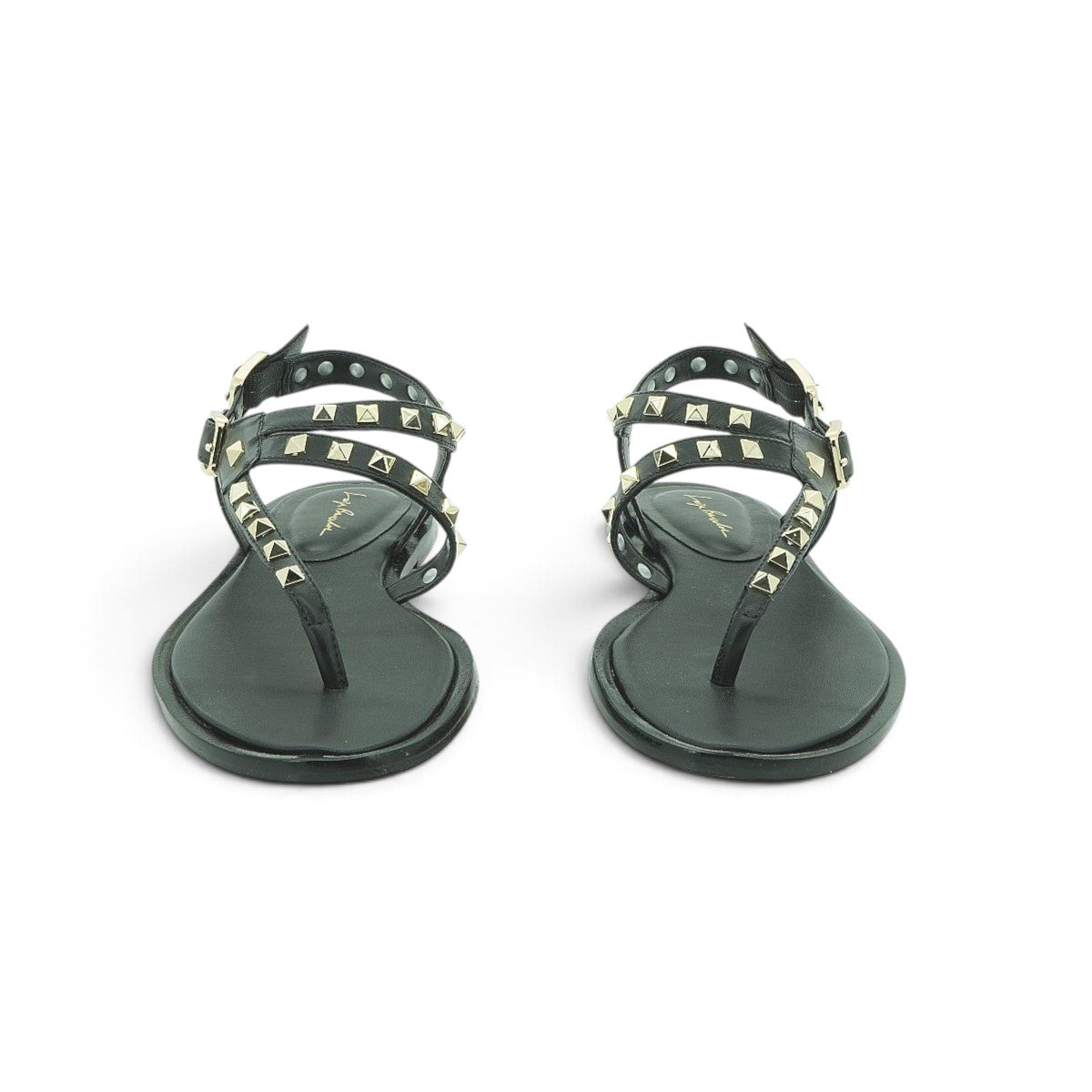 Luisa Barcelos Black Leather Studded T-Bar Flat Sandal | 14270013